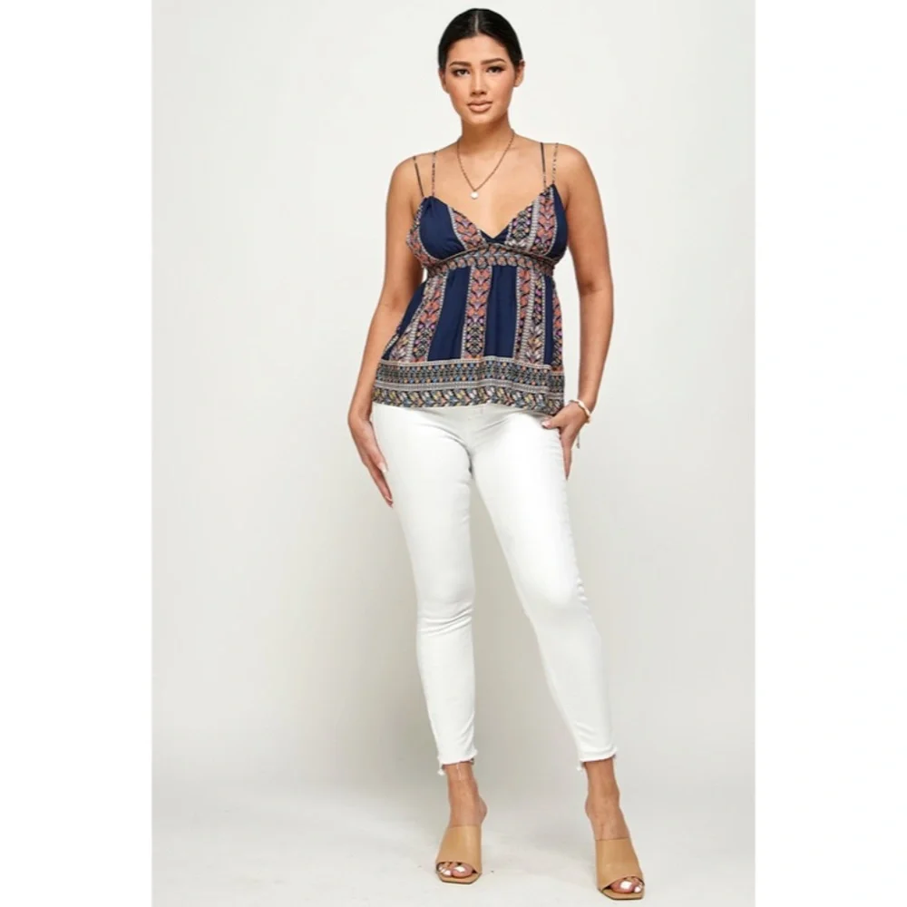Navy Bohemian Border Floral Print Smocked Casual Cami Tank Top - Picture 5 of 6